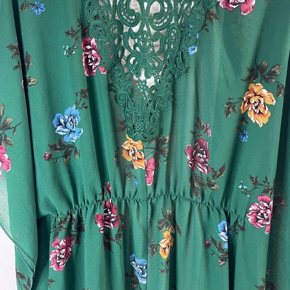Floral Green Sheer Kimono Cardigan With Lace Back & Tie Waist - Picture 10 of 13